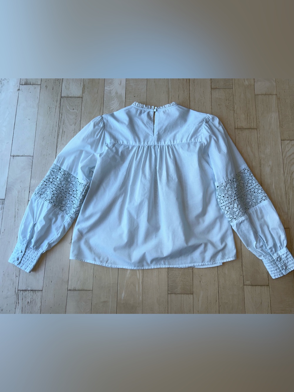Evereve Victorian Pintuck Crochet Lace Detail Pale Blue Blouse Boho Size S EUC - Picture 6 of 16